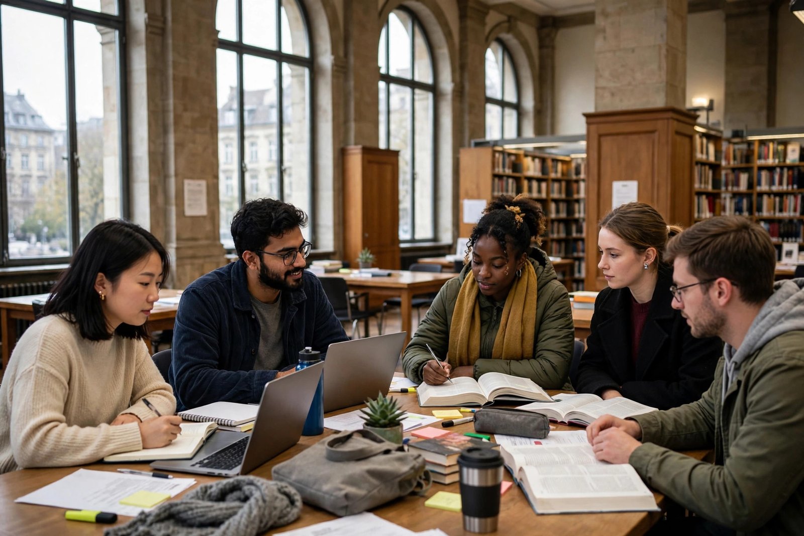 International master's students studying in a Berlin university library on the Heinrich Böll Foundation scholarship
