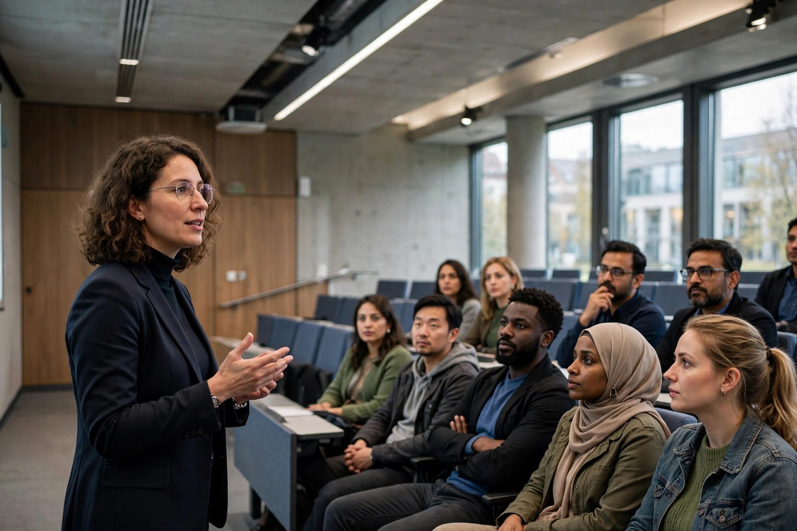 Doctoral researcher presenting work to colleagues at a German university