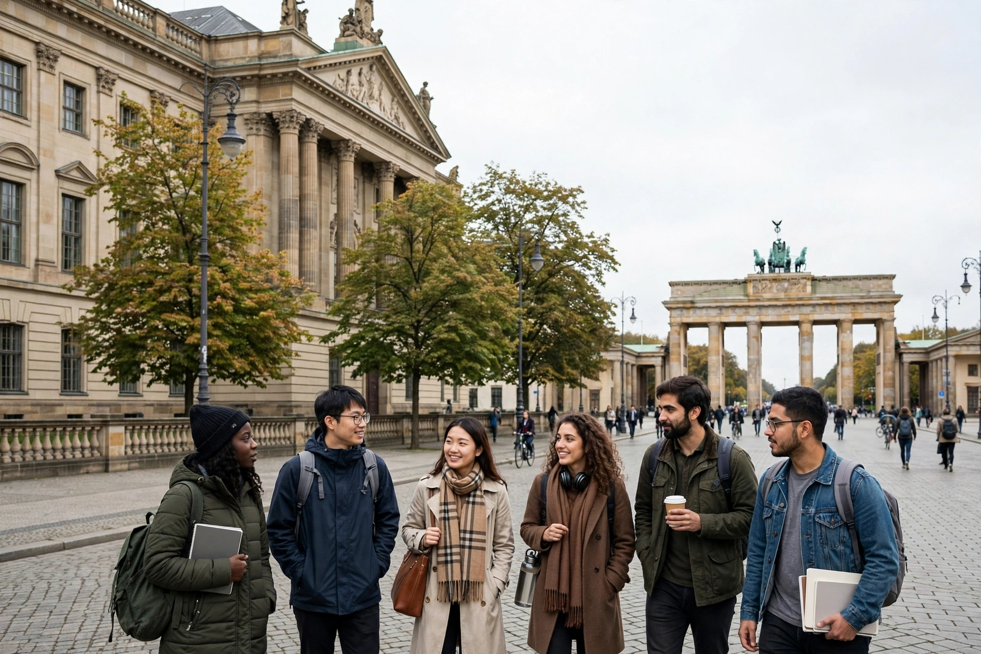 International graduate students in Berlin near a historic German university building for the KAS Scholarship in Germany