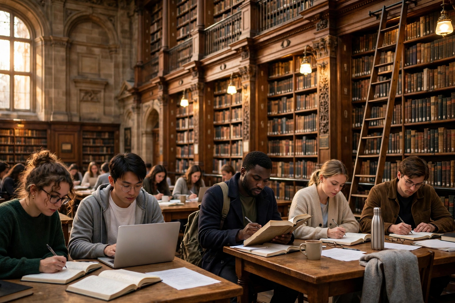 Graduate students studying in a grand British university library for the Marshall Scholarship in the UK