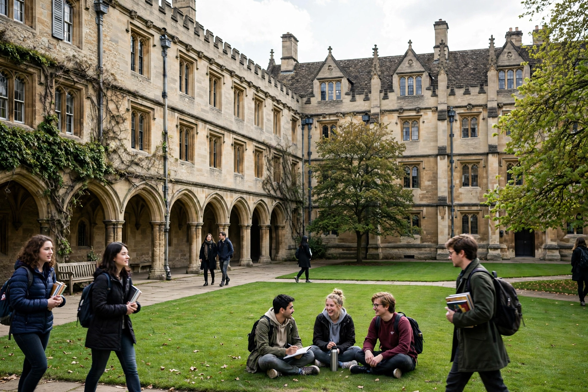 Historic Oxford and Cambridge college quadrangle with undergraduate students for the Jardine Scholarship 2027