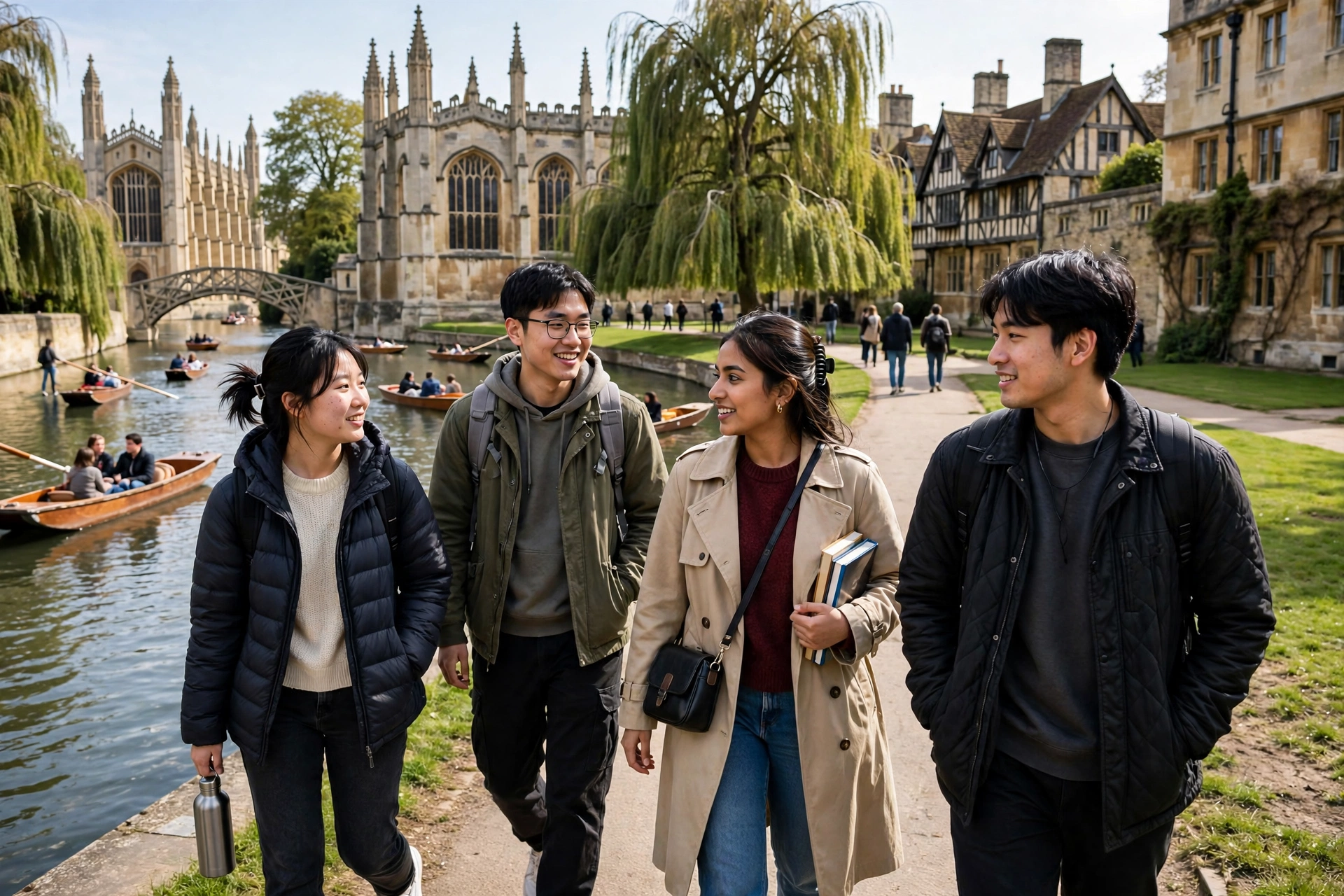 Asian undergraduate students by the River Cam in Cambridge for the Jardine Scholarship at Oxford and Cambridge