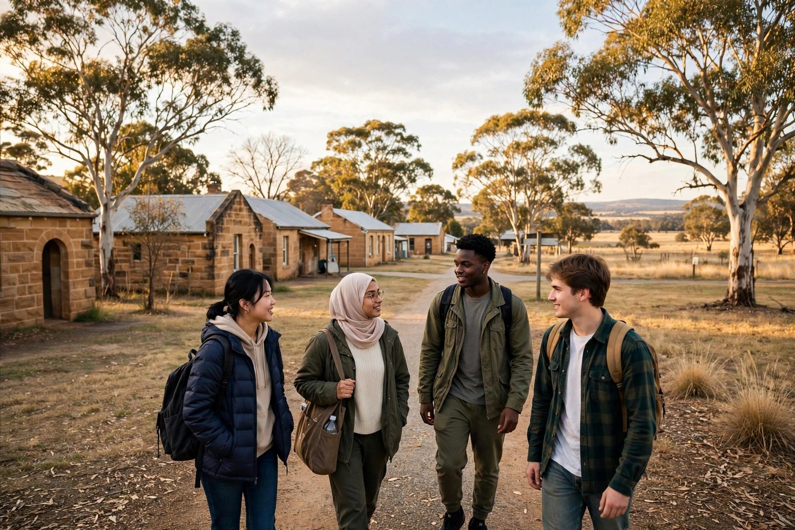 International students walking across a regional Australian university campus with gum trees and low sandstone buildings