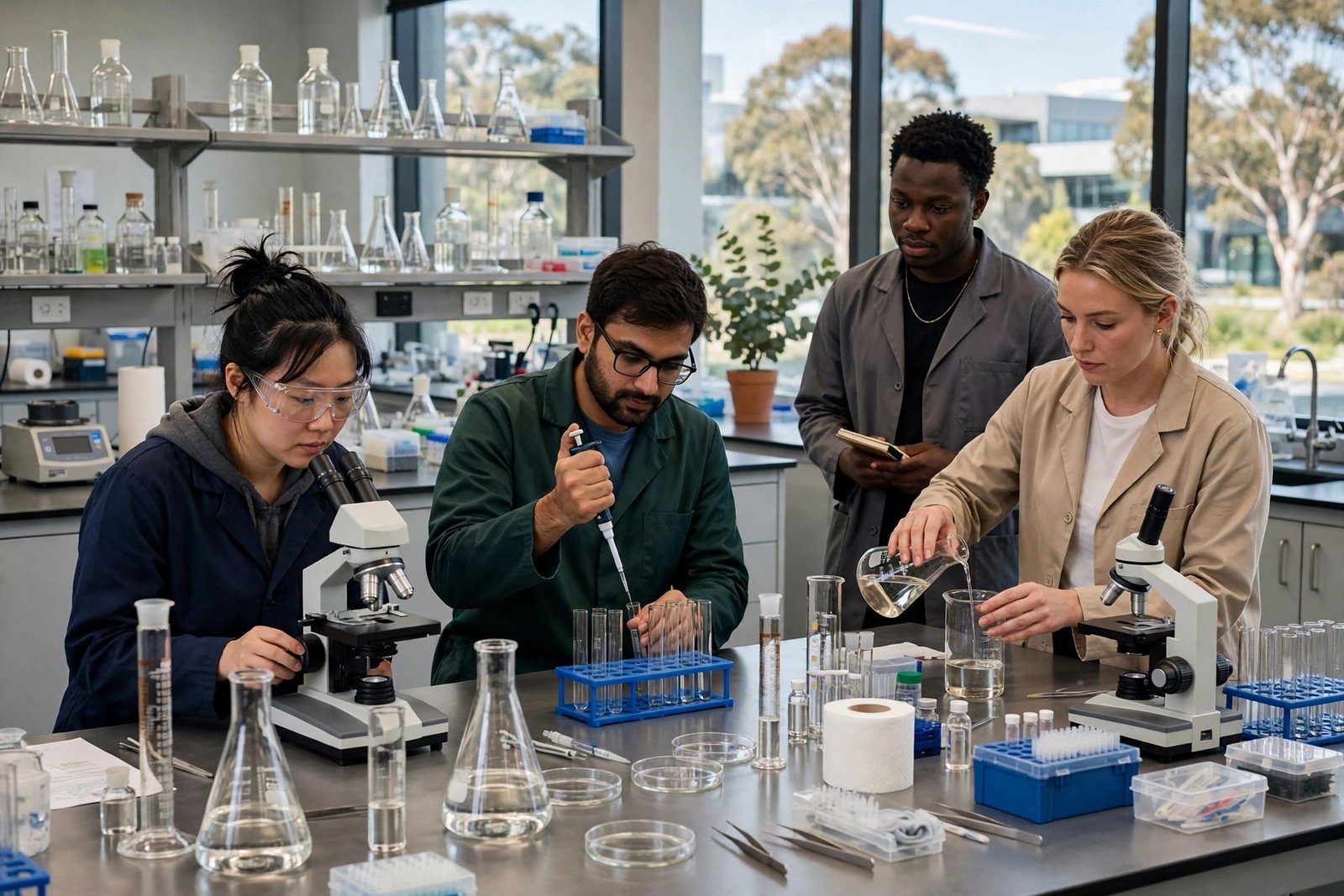 PhD researchers working in a modern Australian university research laboratory with microscopes
