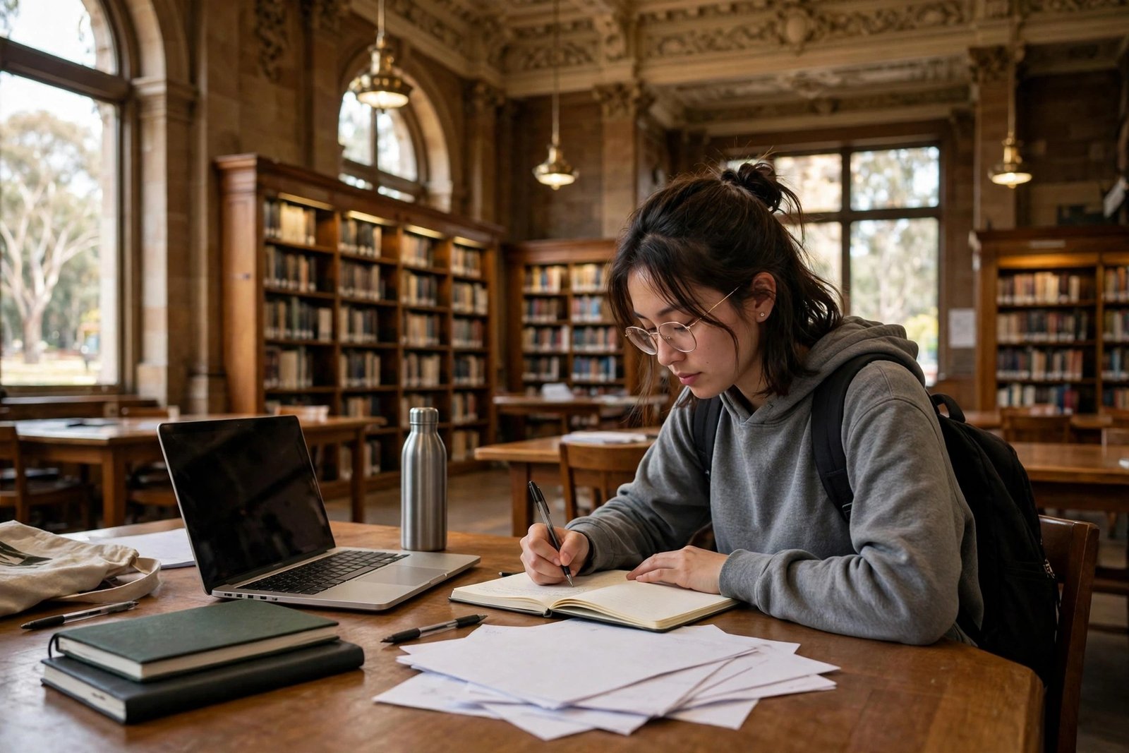 Graduate research student writing in a large Australian university library reading room