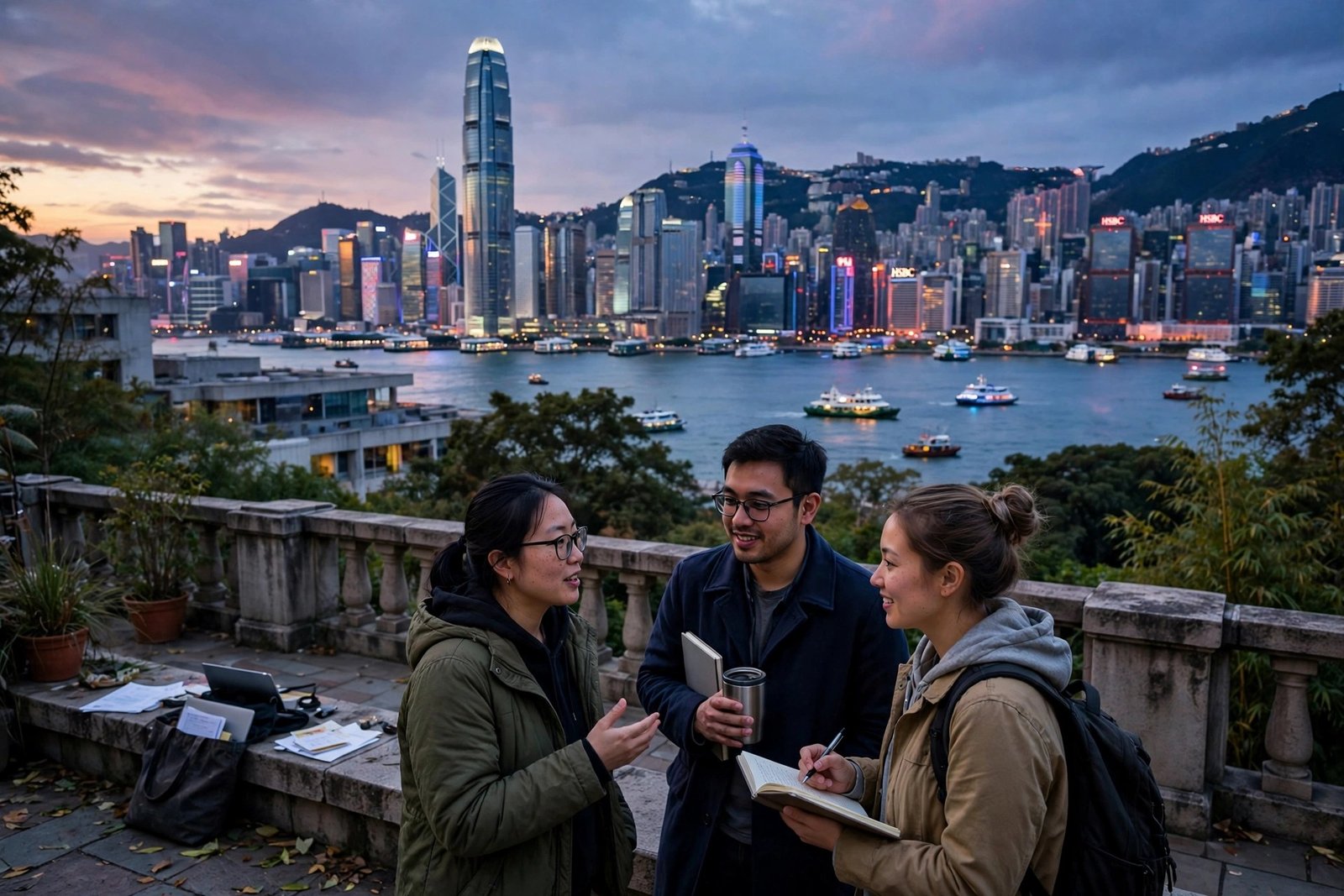 Hong Kong skyline and Victoria Harbour at dusk seen from a university campus terrace with doctoral students