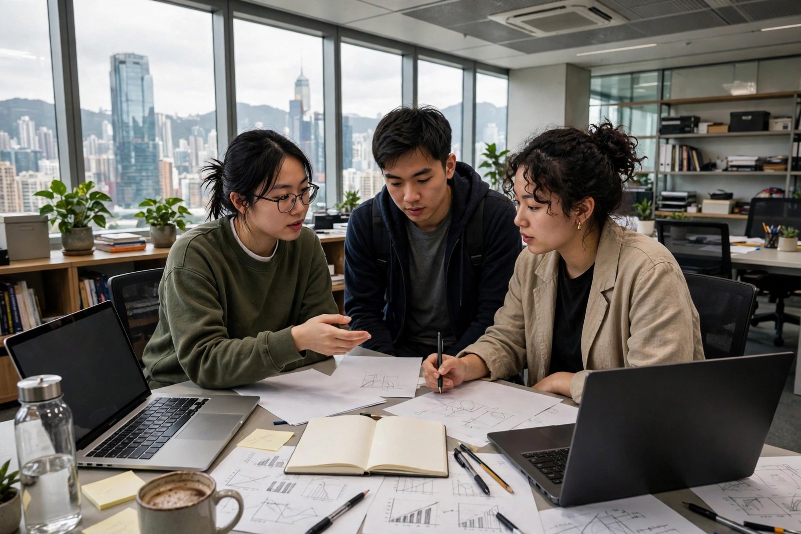 PhD students collaborating in a modern Hong Kong university research office with city towers outside the windows