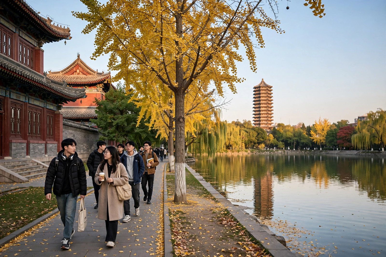 Peking University campus in Beijing with traditional architecture and students, home of the Yenching Academy Scholarship