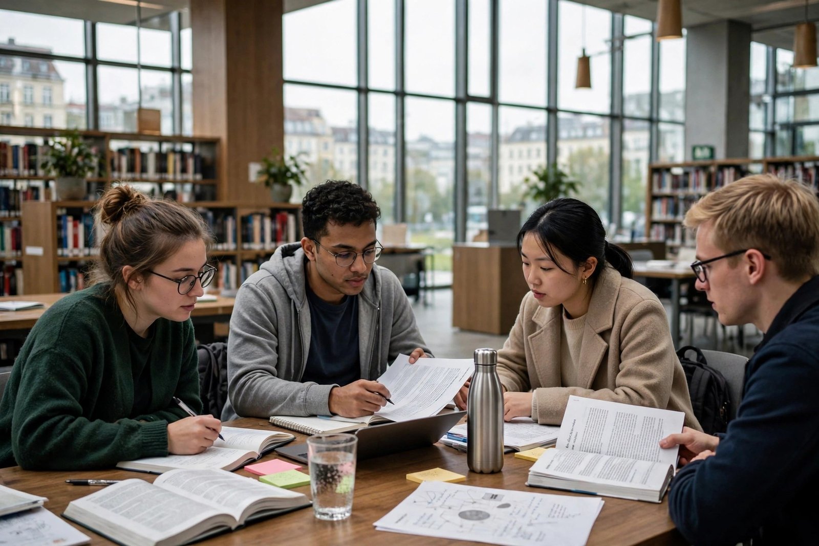 Graduate students researching in a modern German university library under DAAD Scholarship funding
