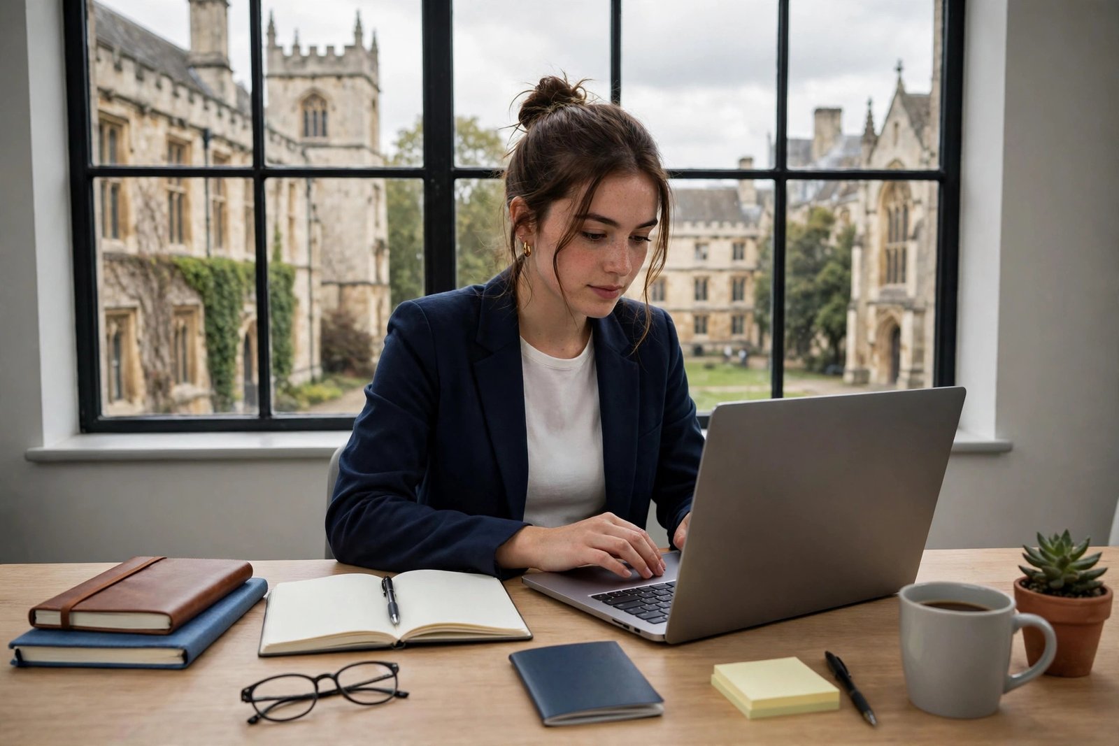 Professional preparing a Chevening Scholarship application on a laptop at a desk in the UK