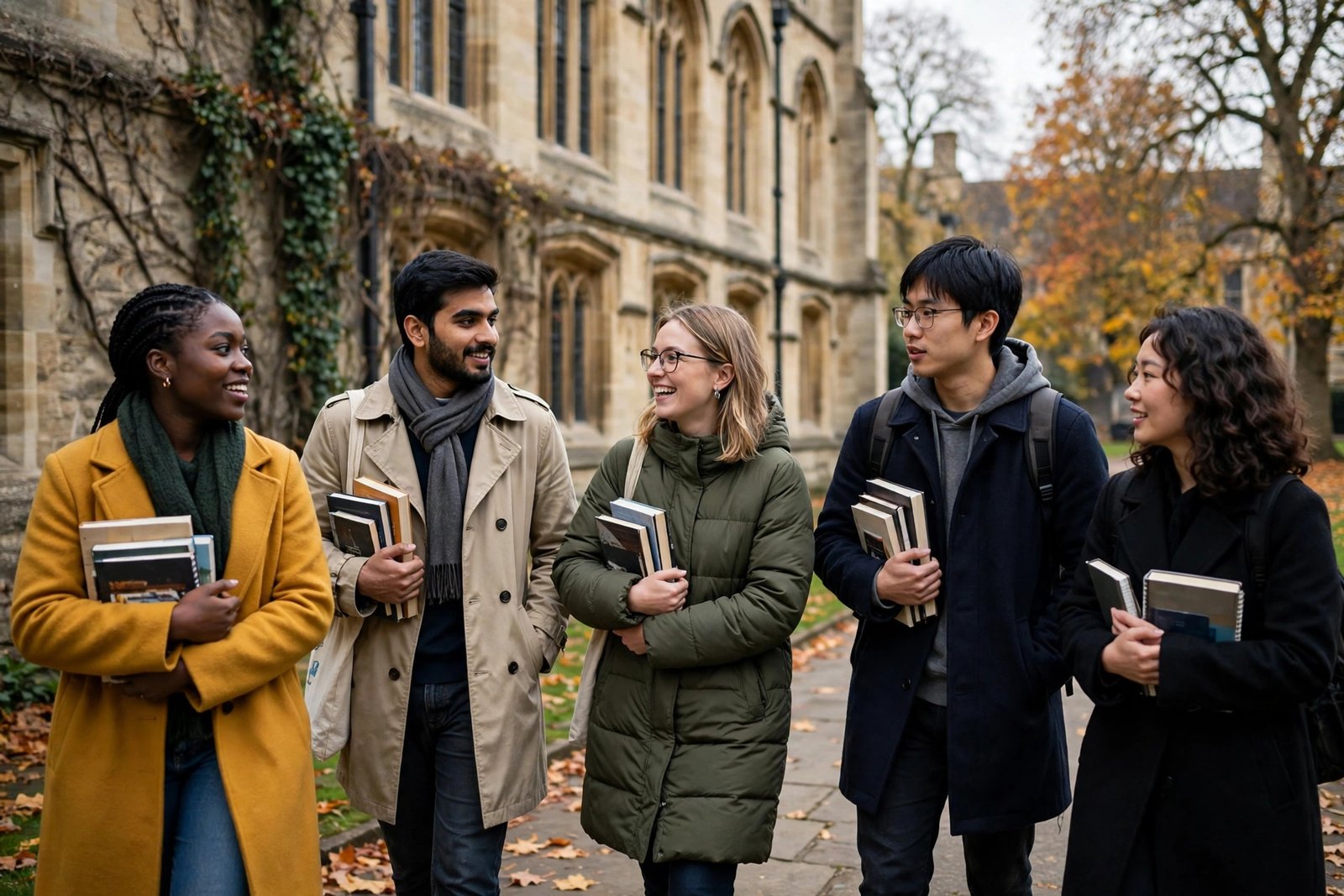Postgraduate students walking outside a British university building while discussing their studies