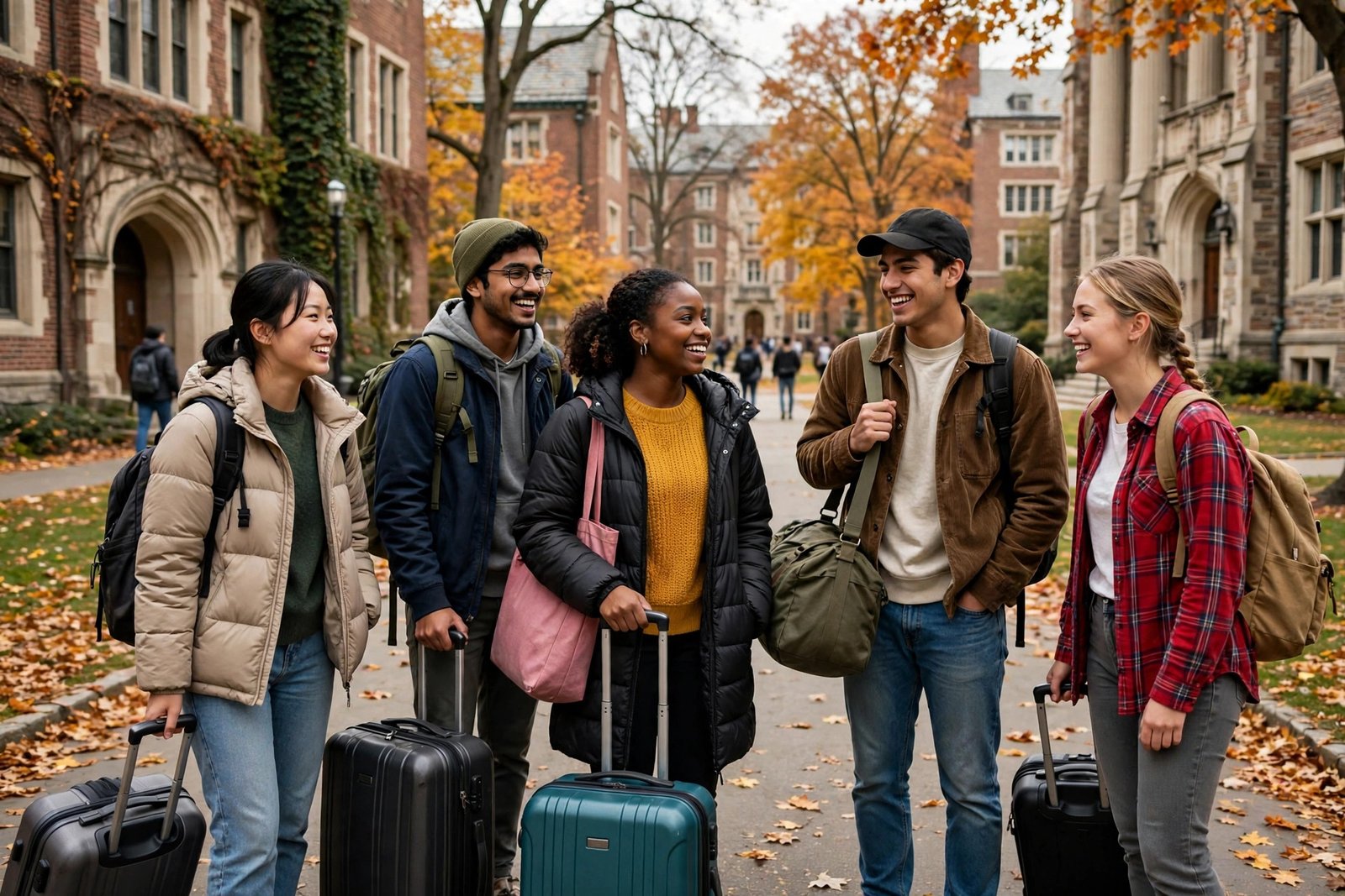 International Fulbright students arriving on a university campus in the United States