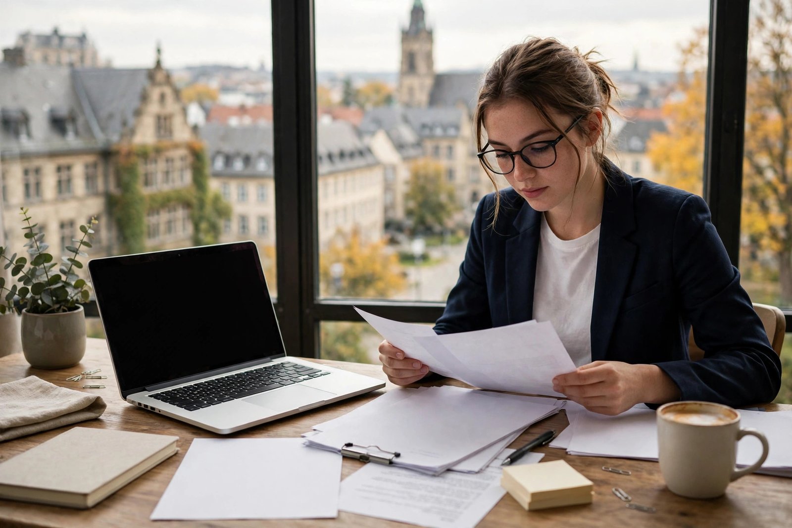 Professional preparing a DAAD EPOS Scholarship application with a laptop and documents for study in Germany