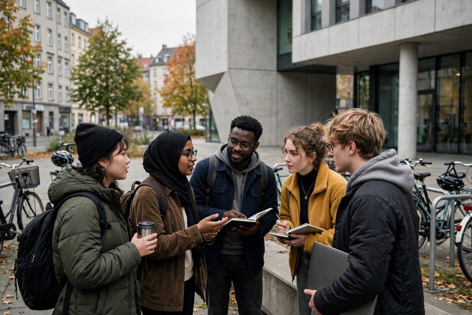 International postgraduate students talking outside a modern German university building