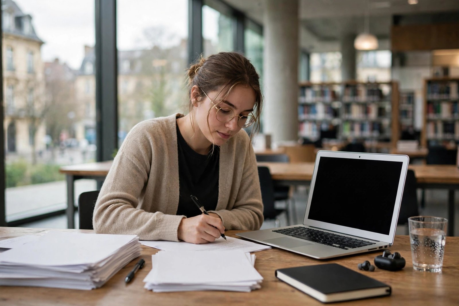 Student preparing Erasmus Mundus application documents, CV and motivation letter at a university library desk