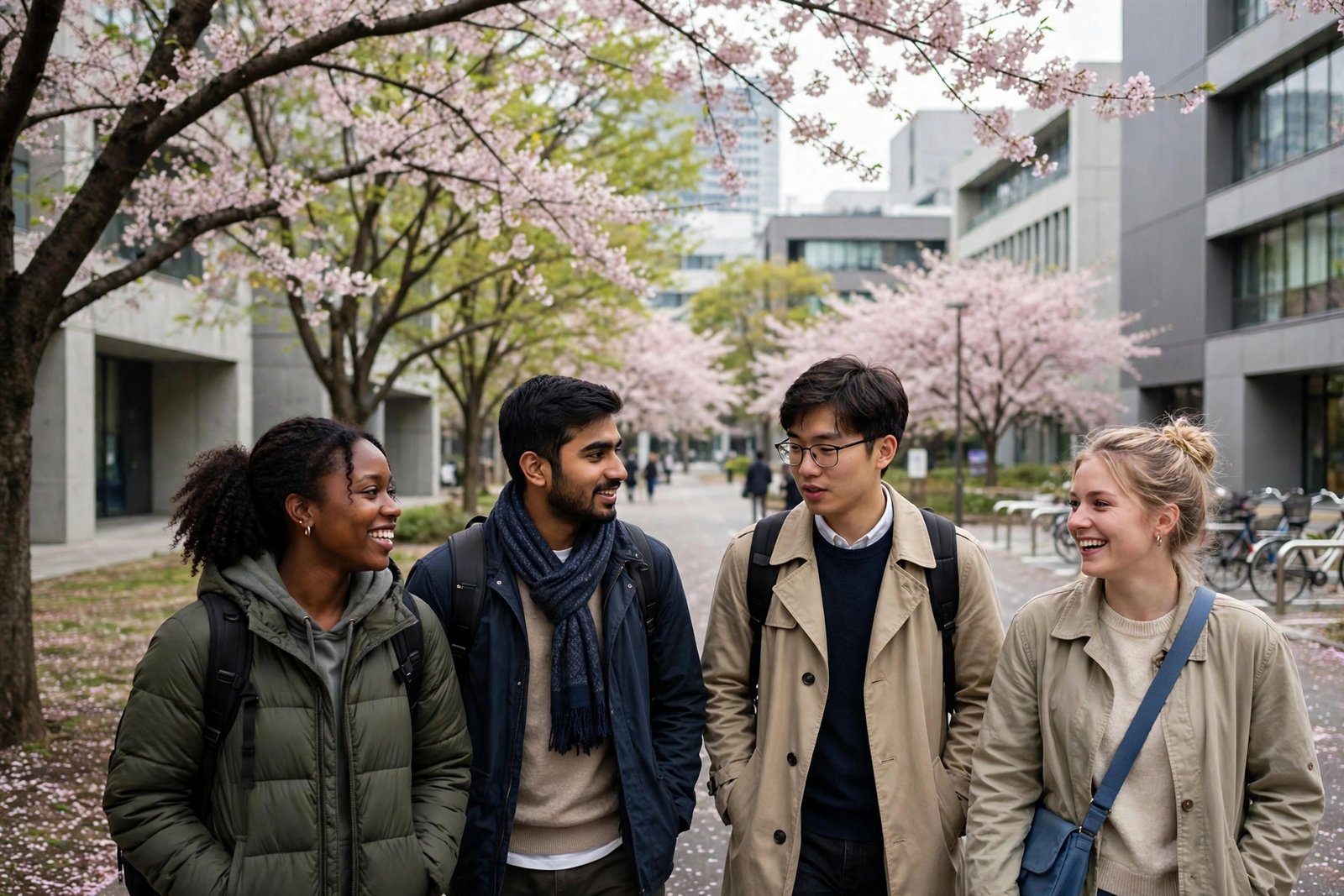 International students on a Japanese university campus in spring, applying through the MEXT embassy recommendation route