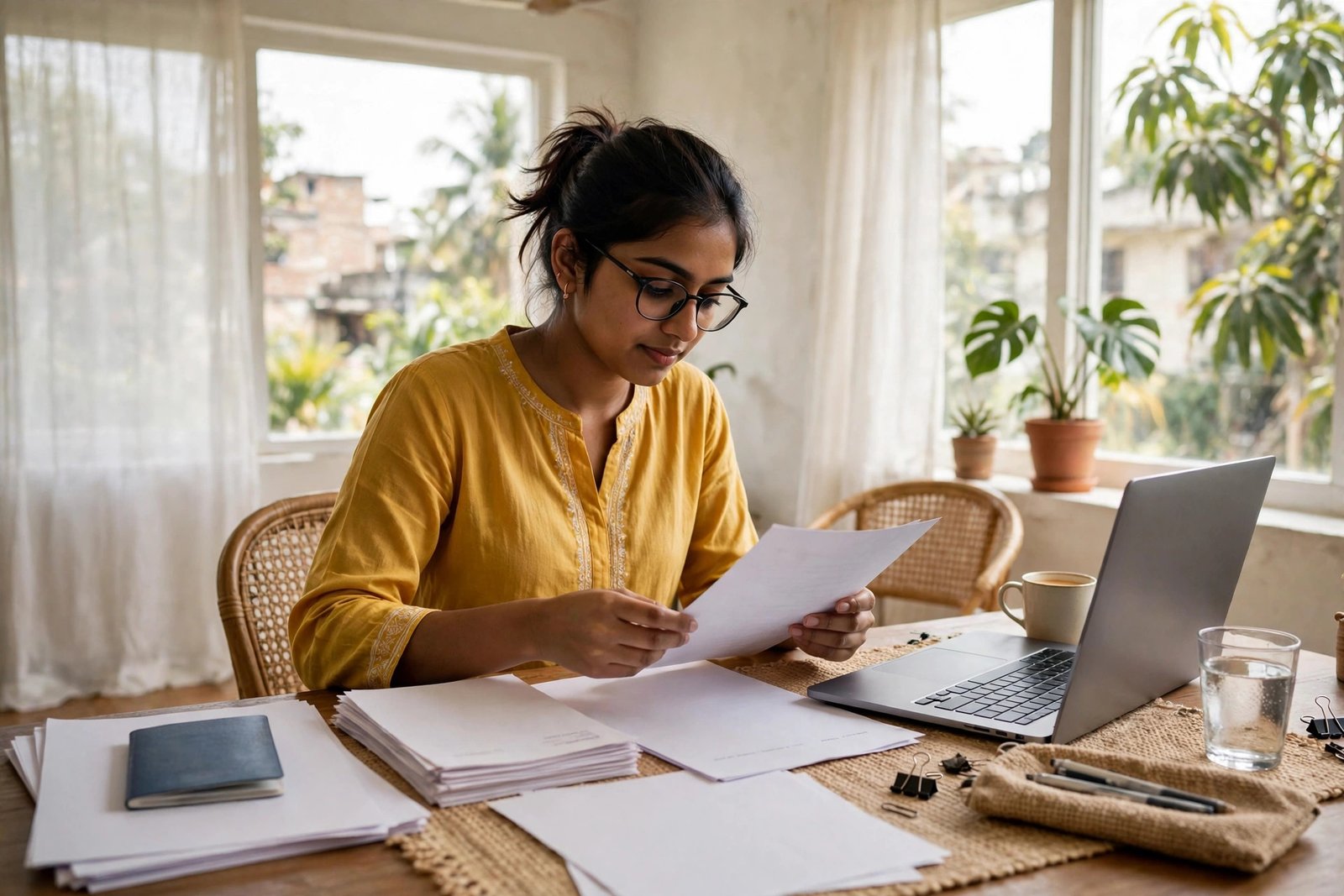 Applicant preparing MEXT scholarship application forms, transcripts and Certificate of Health documents at a desk