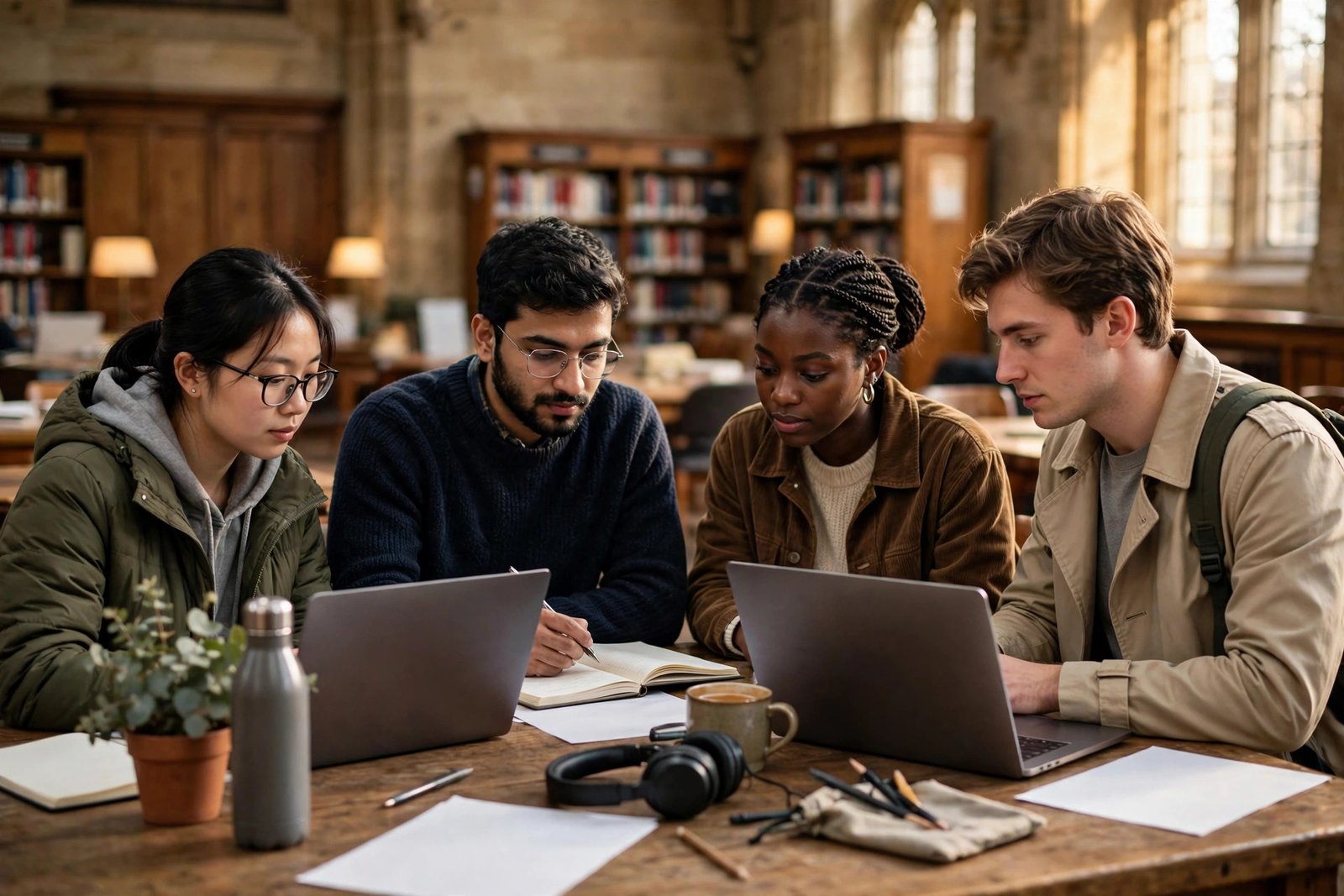 Postgraduate students studying in a UK university library for a Commonwealth Shared Scholarship