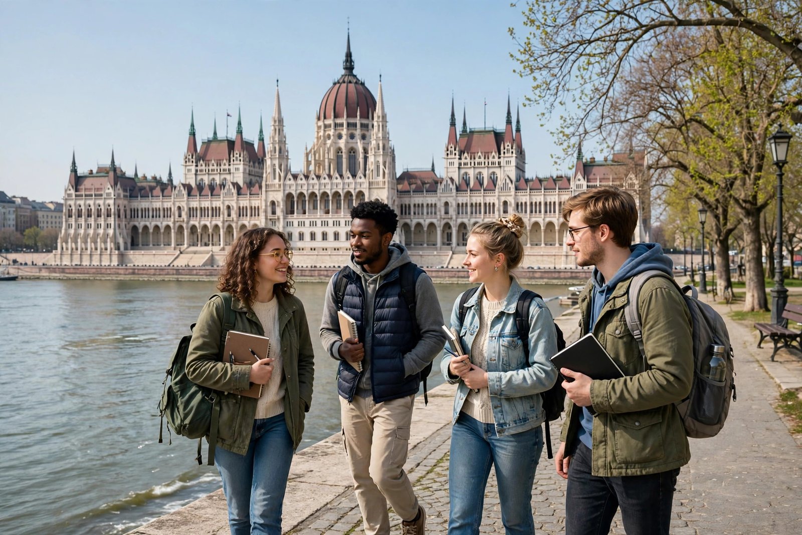 International students walking near the Hungarian Parliament in Budapest while applying for the Stipendium Hungaricum Scholarship