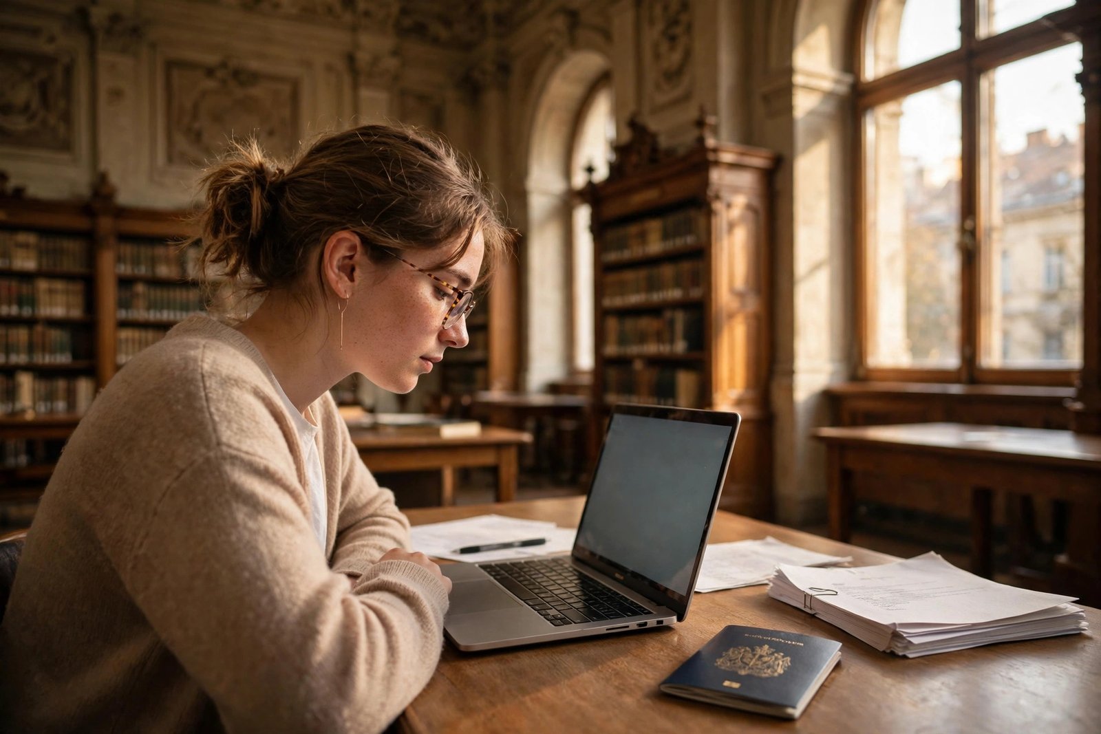 Student preparing Stipendium Hungaricum application documents and motivation letter in a Budapest university library