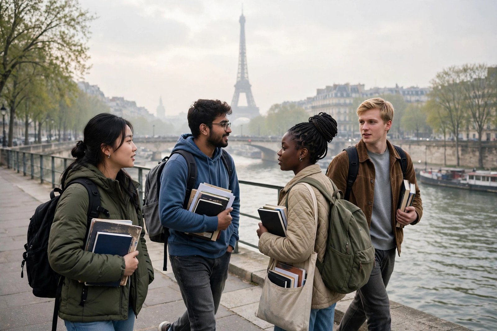 International graduate students in Paris near the Seine considering the Eiffel Excellence Scholarship 2027