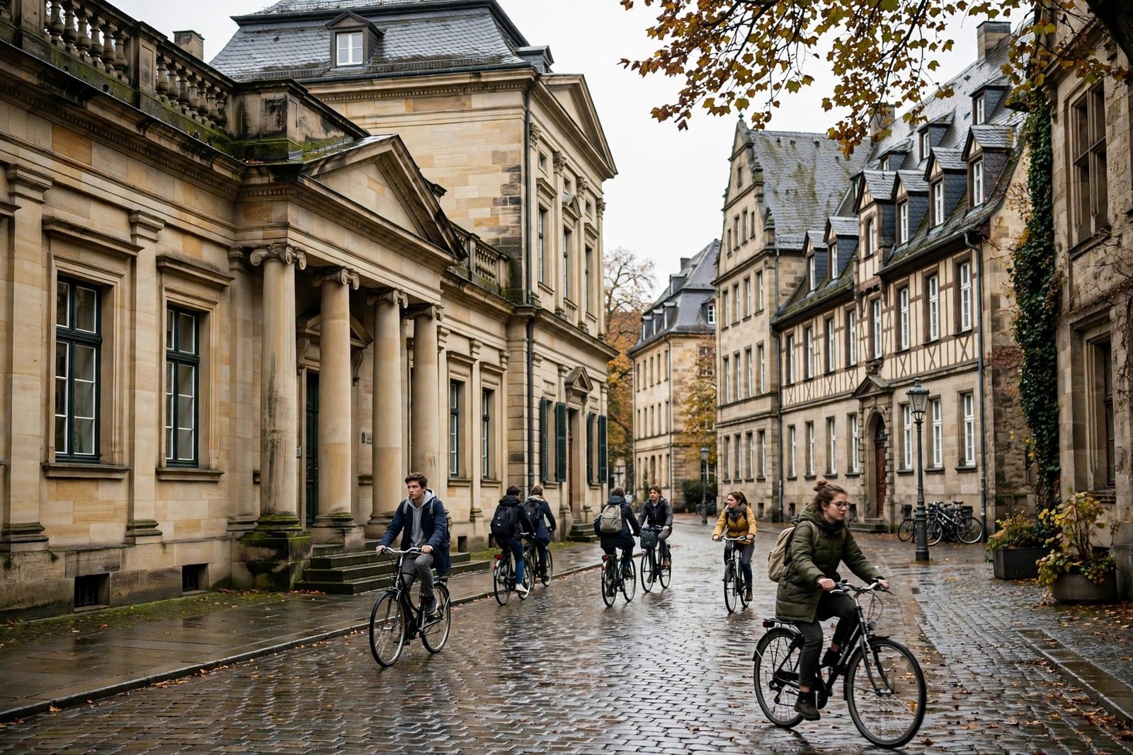 Historic German university city with students cycling, home of DAAD Helmut Schmidt Programme courses