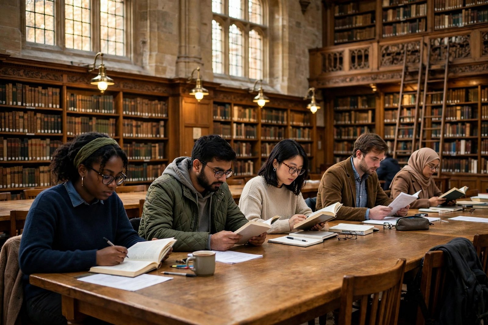 Postgraduate students reading in an Oxford college library, Rhodes Scholarship study environment