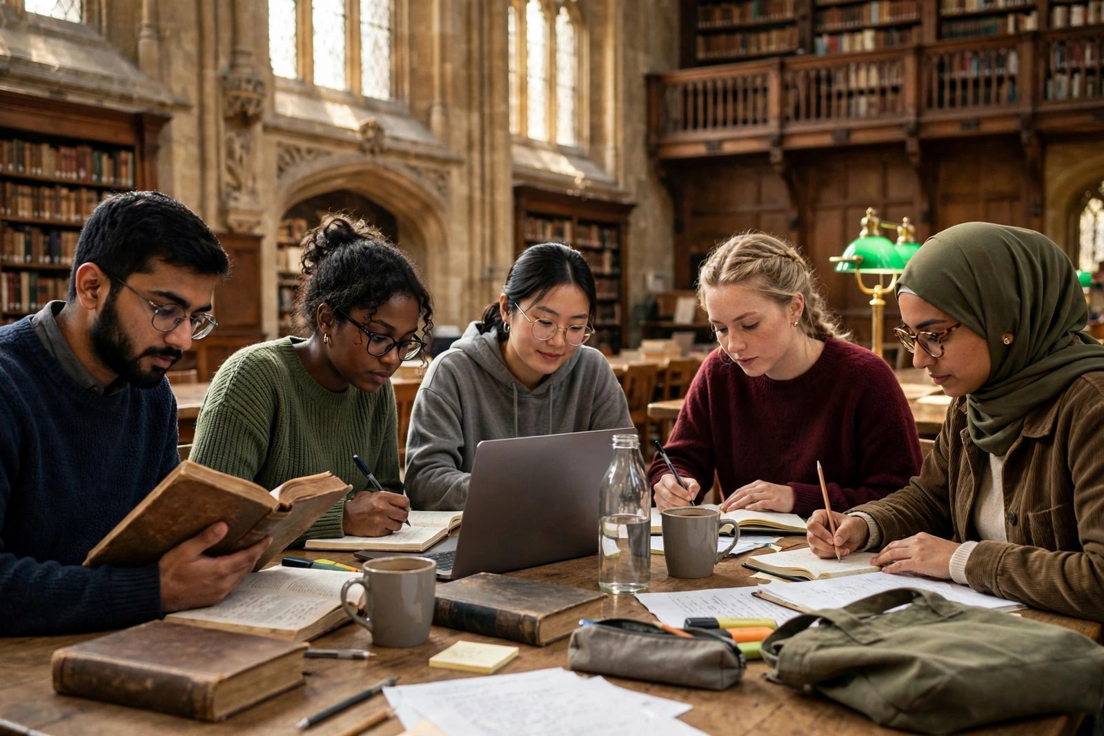 Postgraduate students studying in a Cambridge university library while preparing scholarship applications
