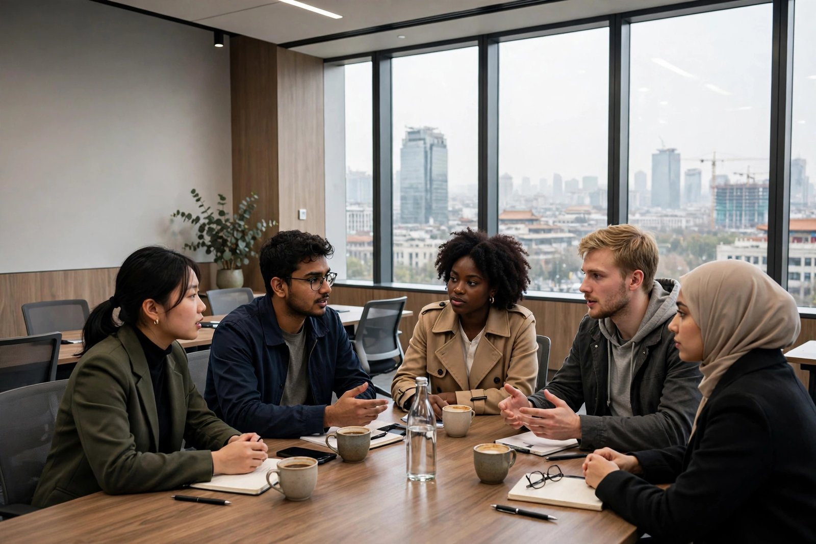International graduate students discussing global affairs in a modern seminar room in Beijing