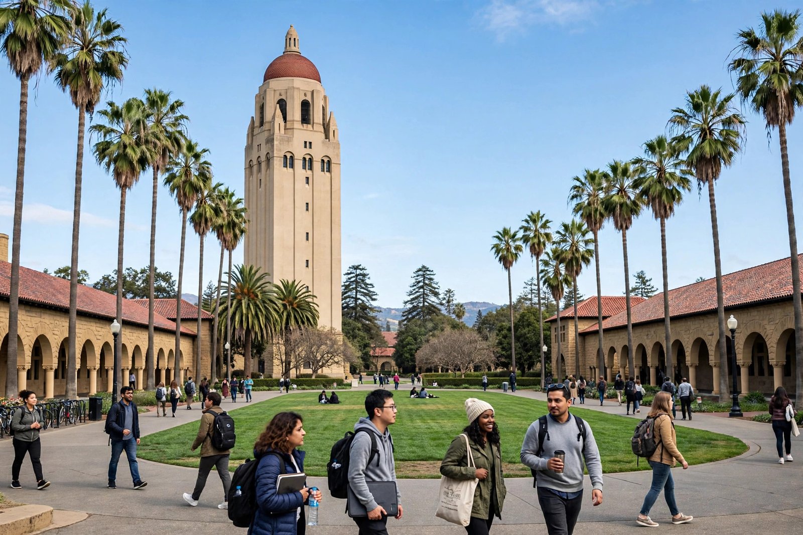 Stanford University campus with Hoover Tower, home of Knight-Hennessy Scholars