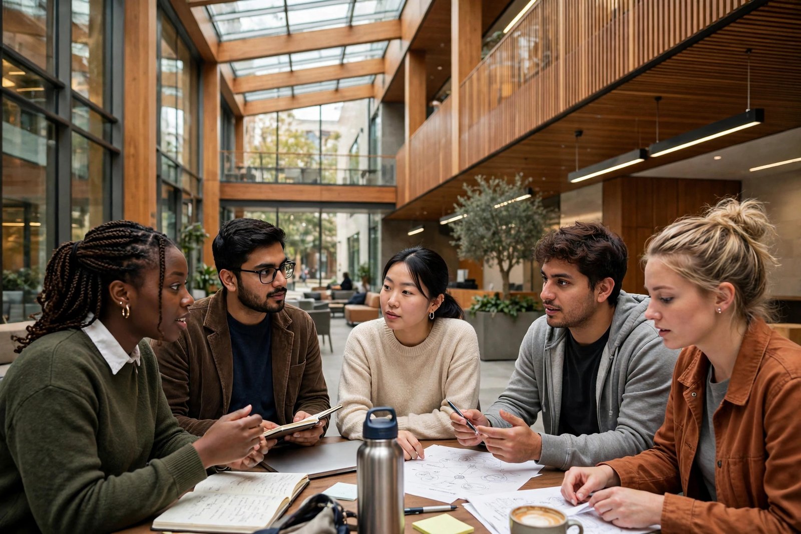 Graduate students collaborating in a modern Stanford university building
