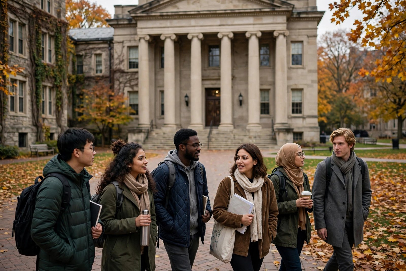 International Fulbright scholars walking on a United States university campus in autumn