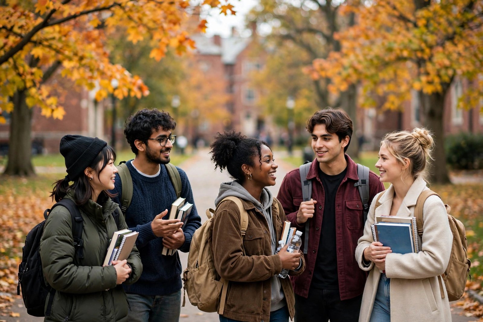 International undergraduate students walking on a tree-lined campus path in Cambridge Massachusetts while researching Harvard scholarships
