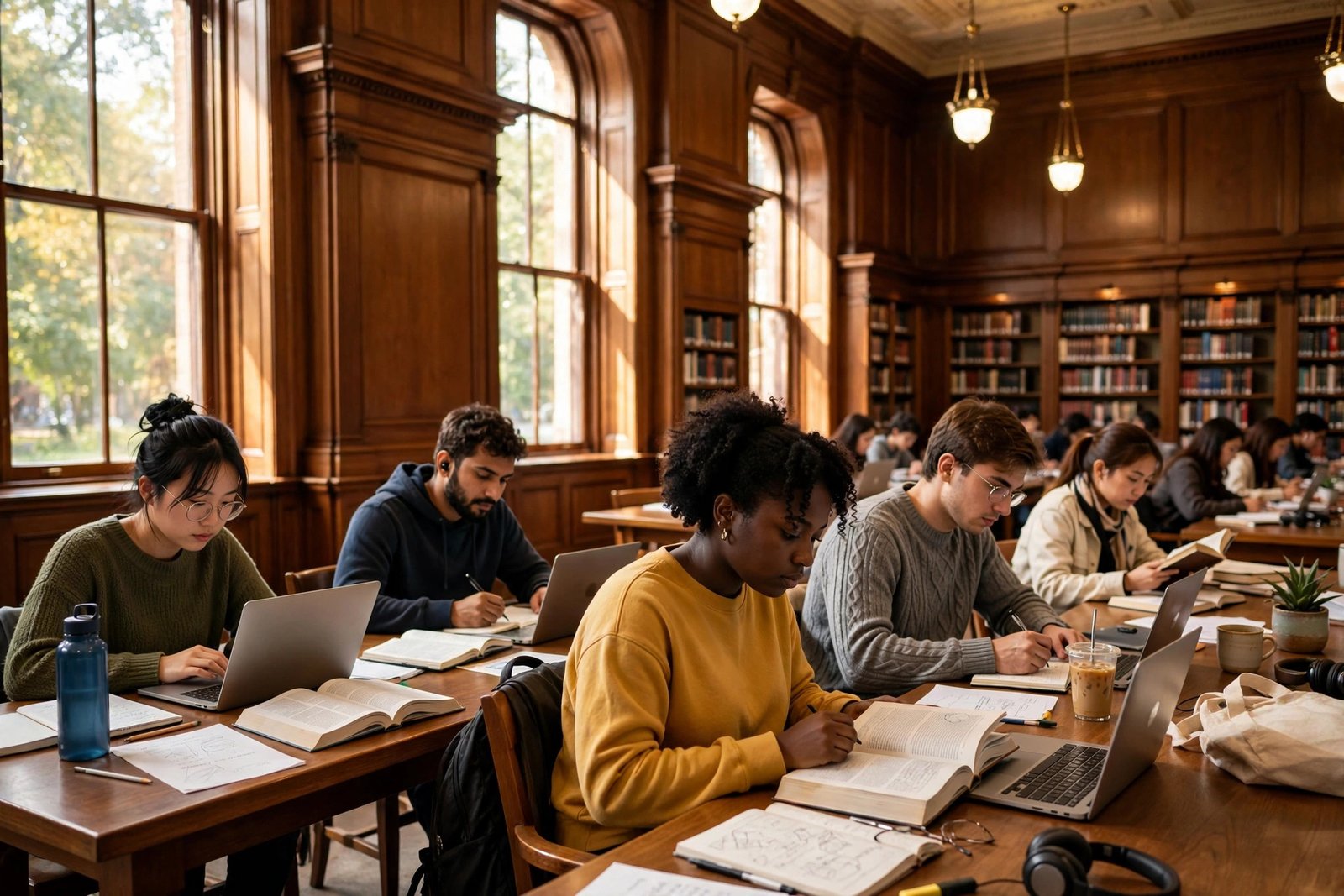 Students studying in a wood-panelled university library reading room in the Boston area while preparing a Harvard financial aid application