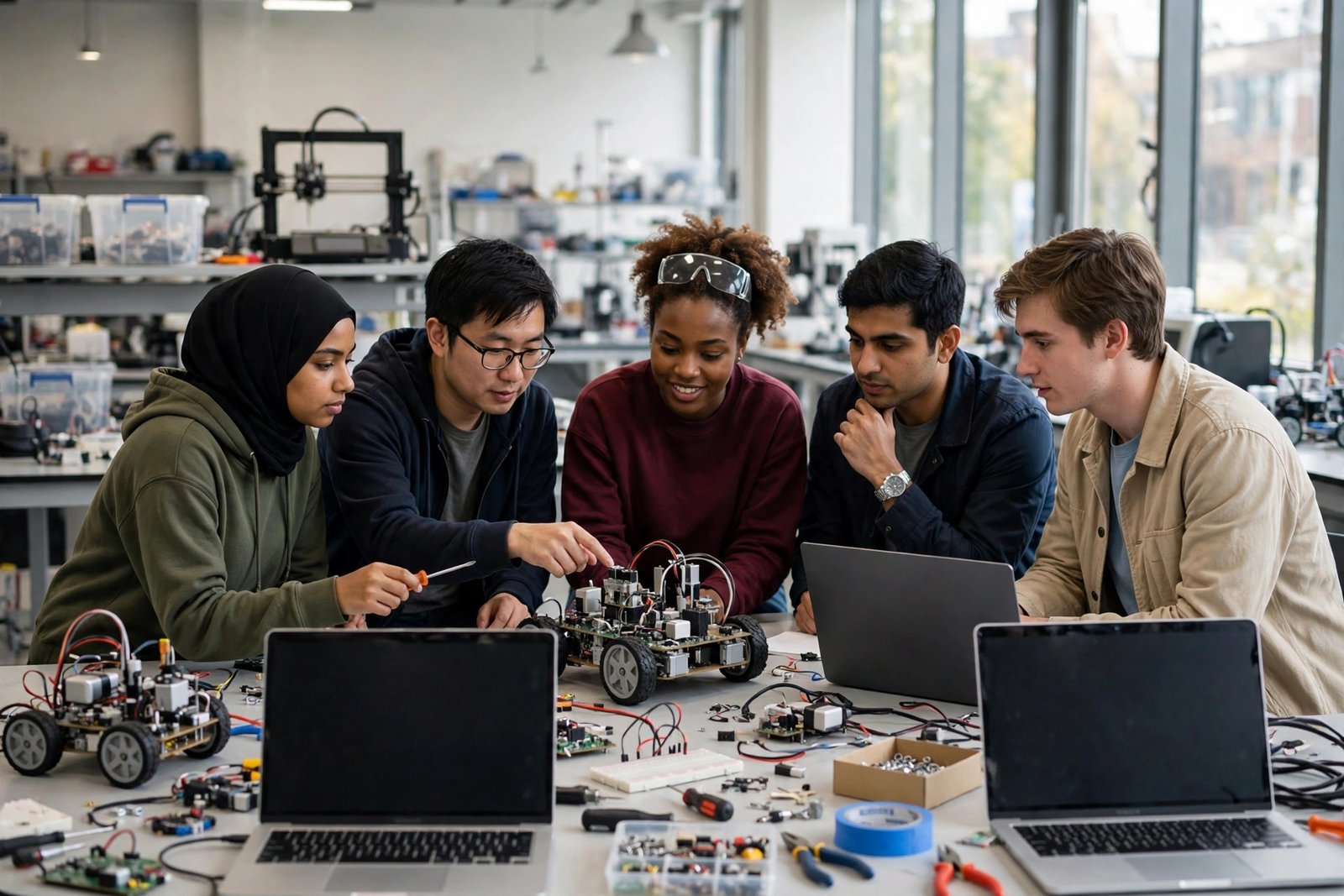 International engineering students collaborating on a robotics project in a modern laboratory in Cambridge Massachusetts while researching MIT scholarships