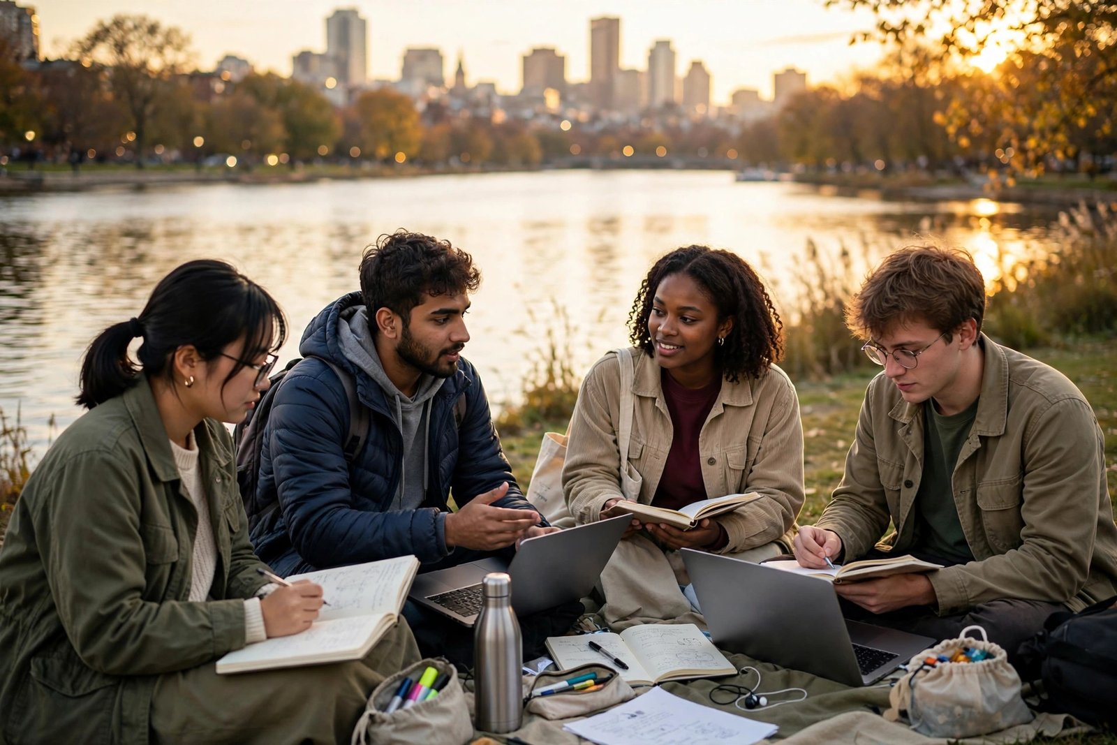 International students studying together beside a river in the Boston and Cambridge area at golden hour while planning MIT financial aid applications