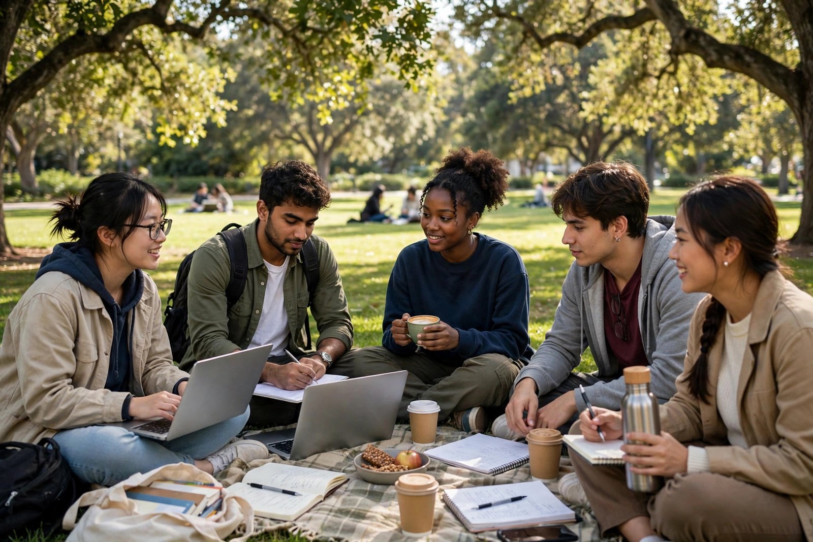 International students studying outdoors on a sunny California university lawn in Palo Alto while preparing Stanford financial aid forms