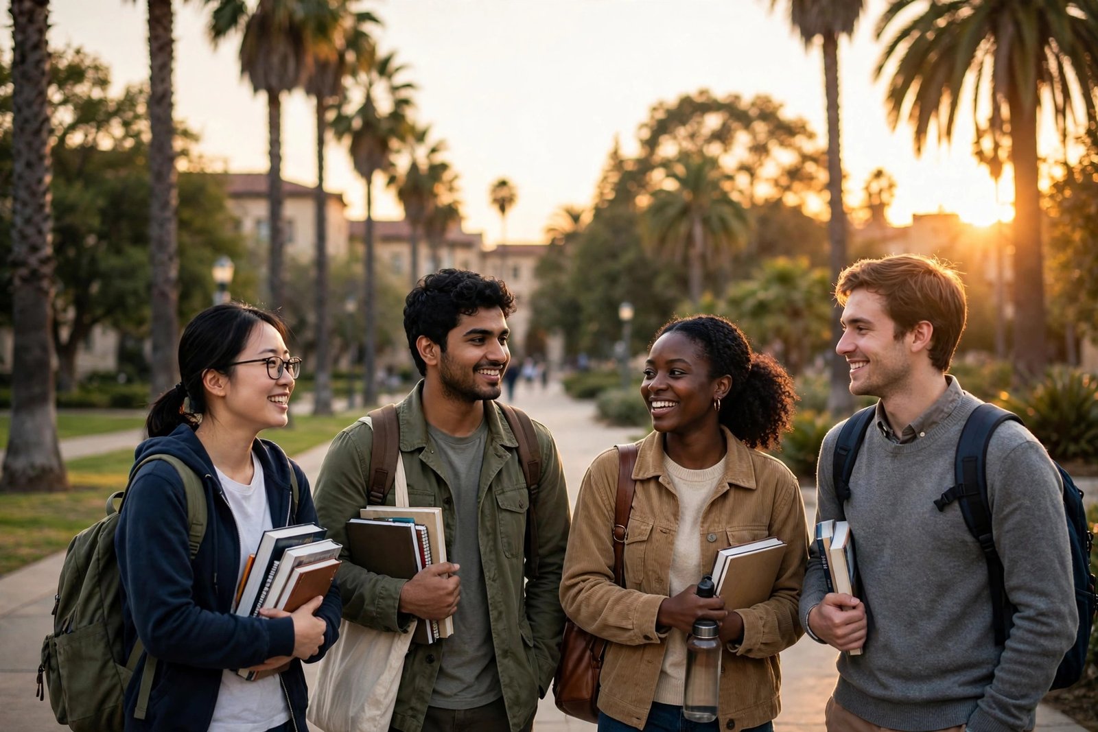 International graduate students walking together at sunset on a warm California campus in Palo Alto after Knight-Hennessy Scholars selection