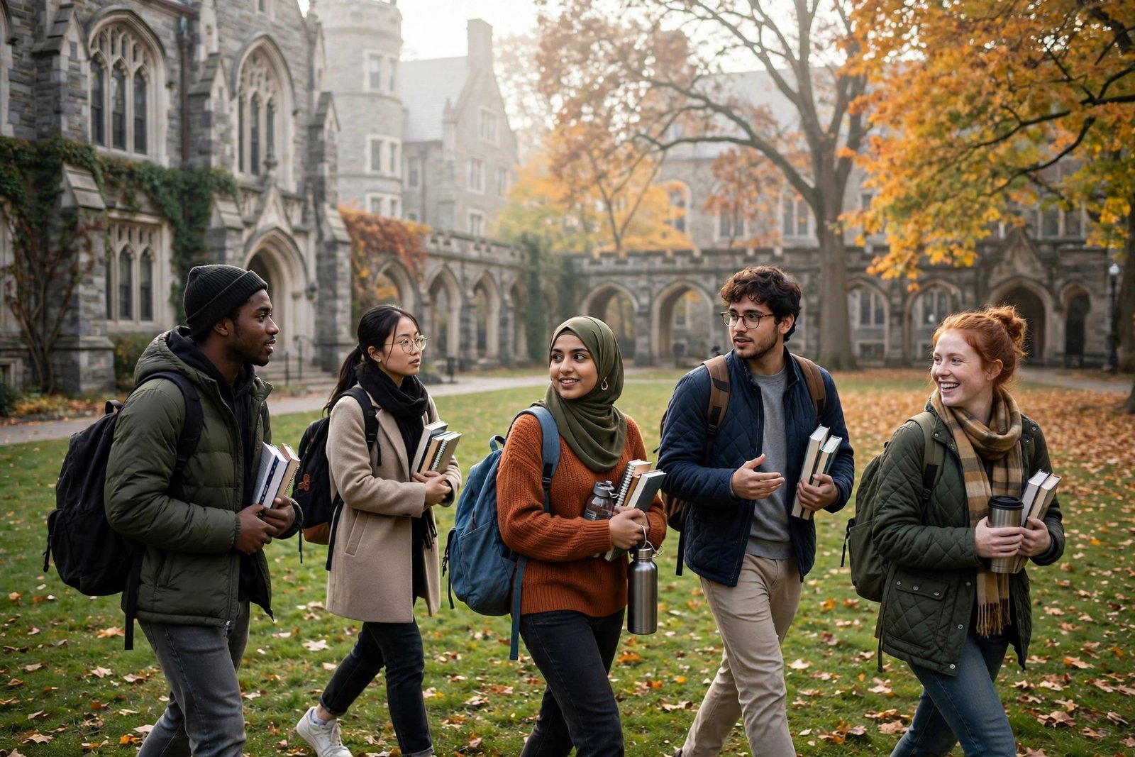 International students walking across a historic campus green in New Haven while researching Yale University scholarships