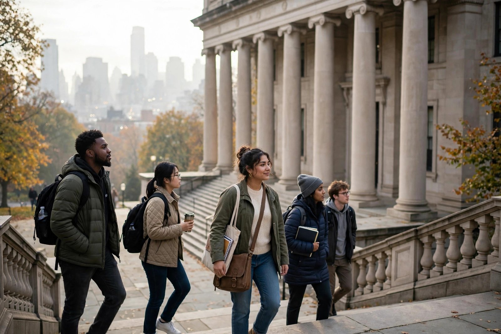 Students on the steps of a neoclassical campus building in Manhattan researching Columbia University scholarships for international students