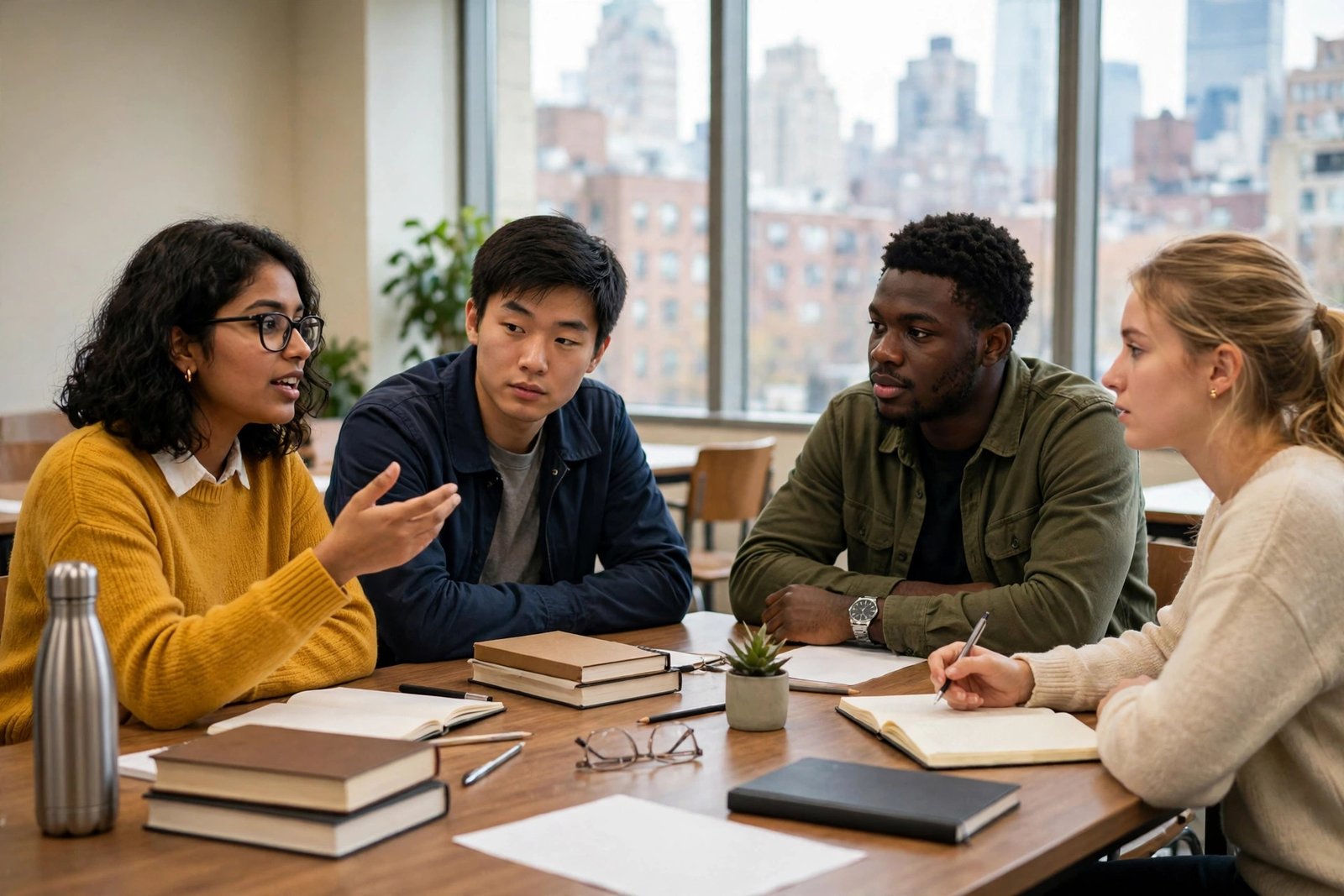 International students in a seminar discussion in New York City preparing a Columbia University scholarship application