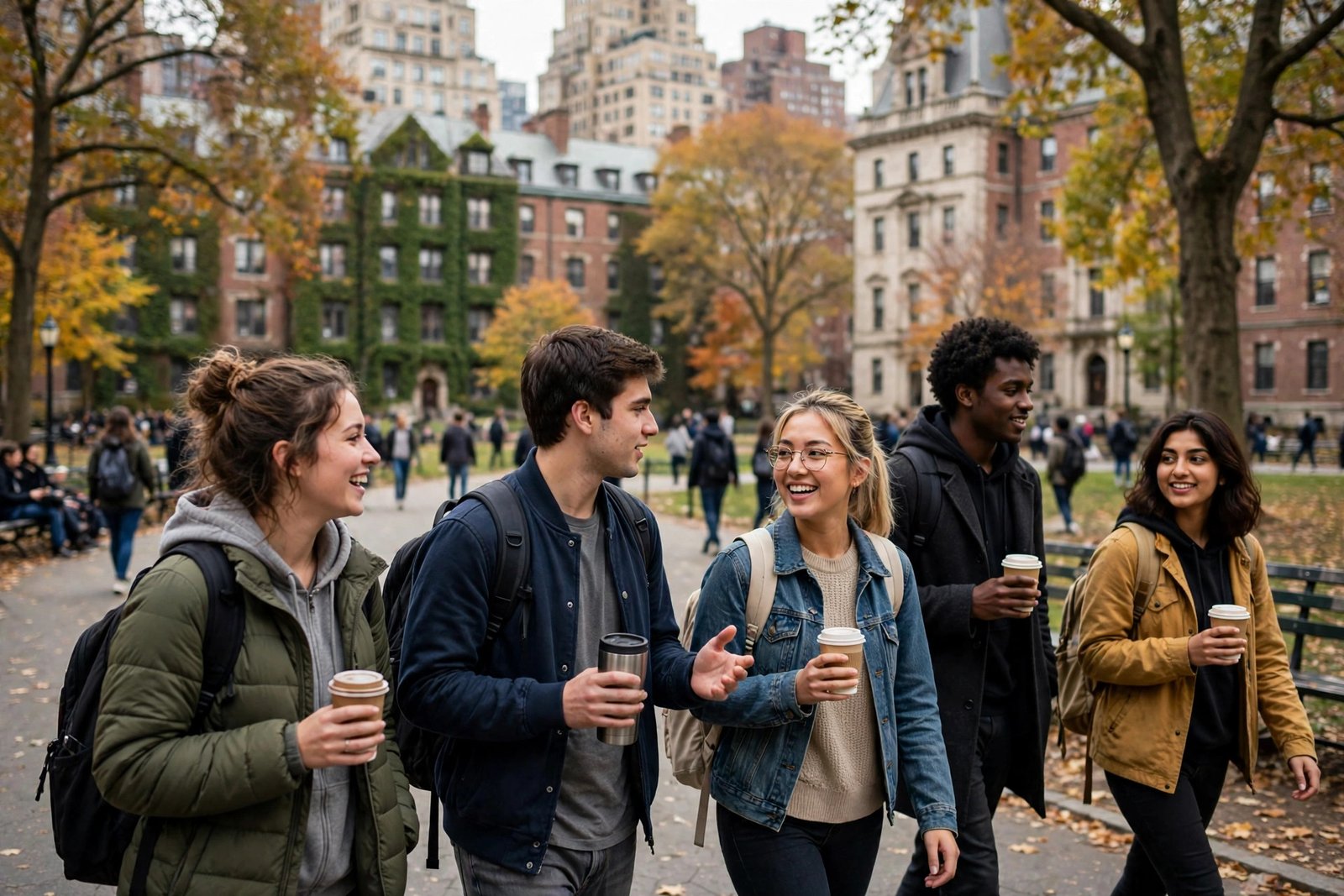 Students in a Manhattan park near campus researching NYU scholarships for international students