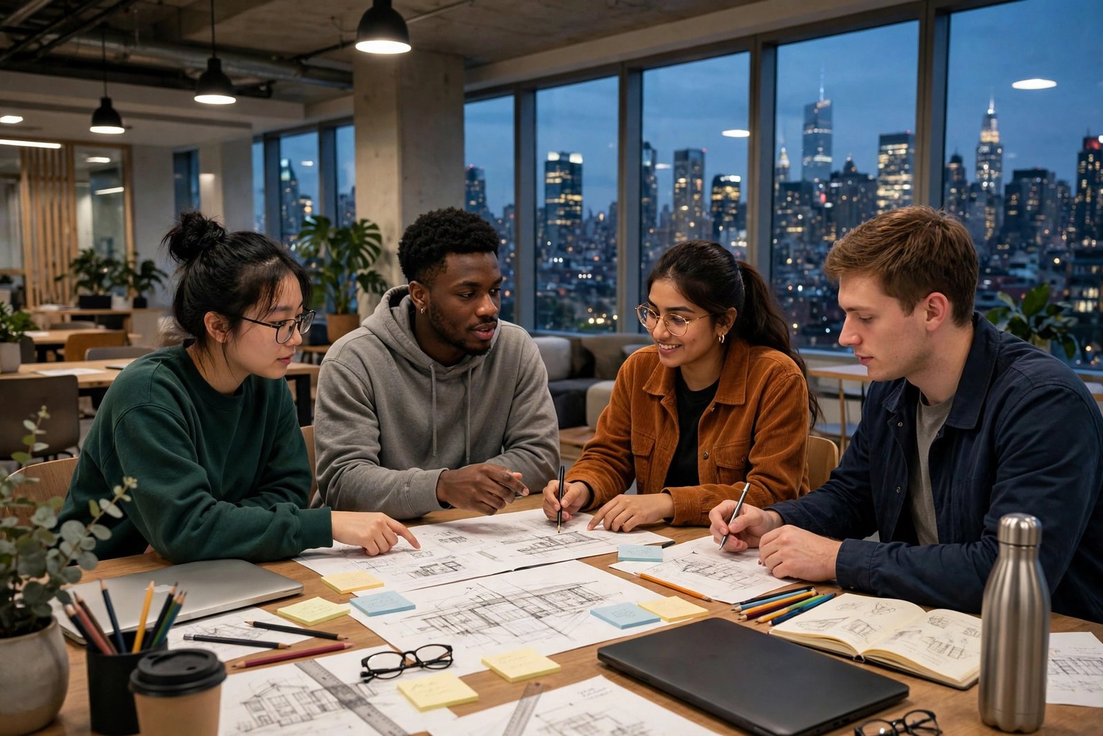 Graduate students collaborating in a modern study space in New York City while researching NYU graduate funding