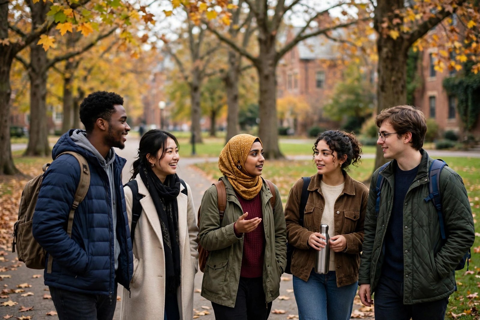 International students walking on a tree-lined campus path in Durham, North Carolina while researching Duke University scholarships