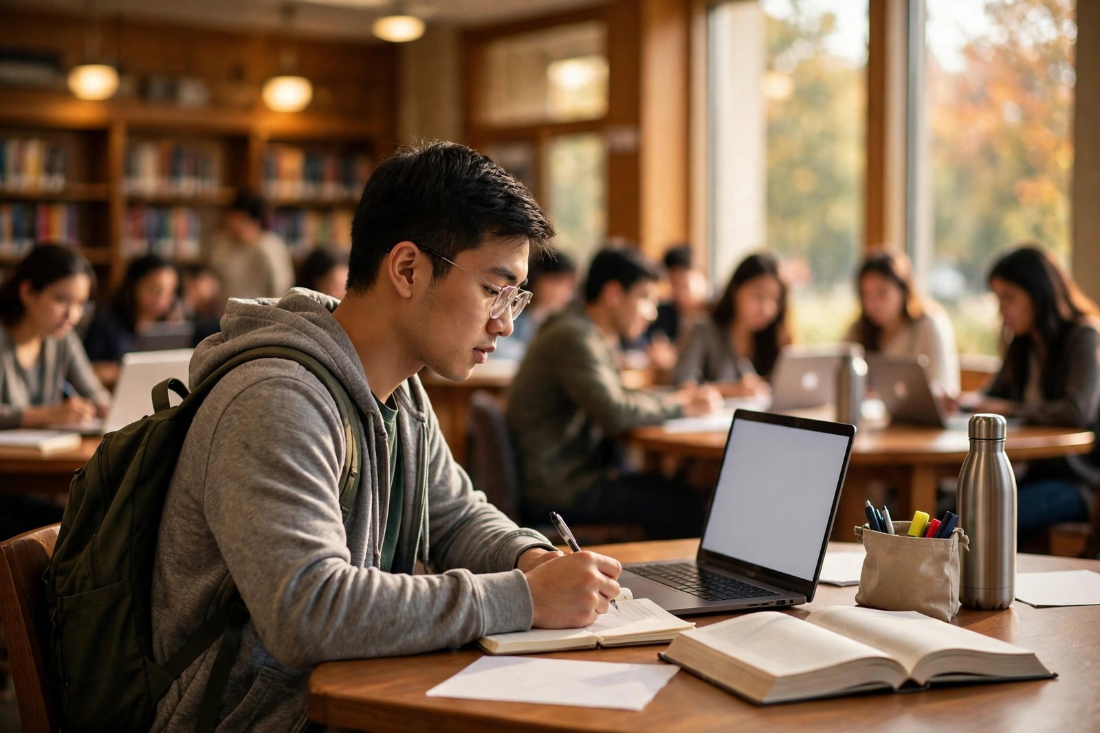 Student studying with a laptop and books in a university library while planning a Duke University scholarship application