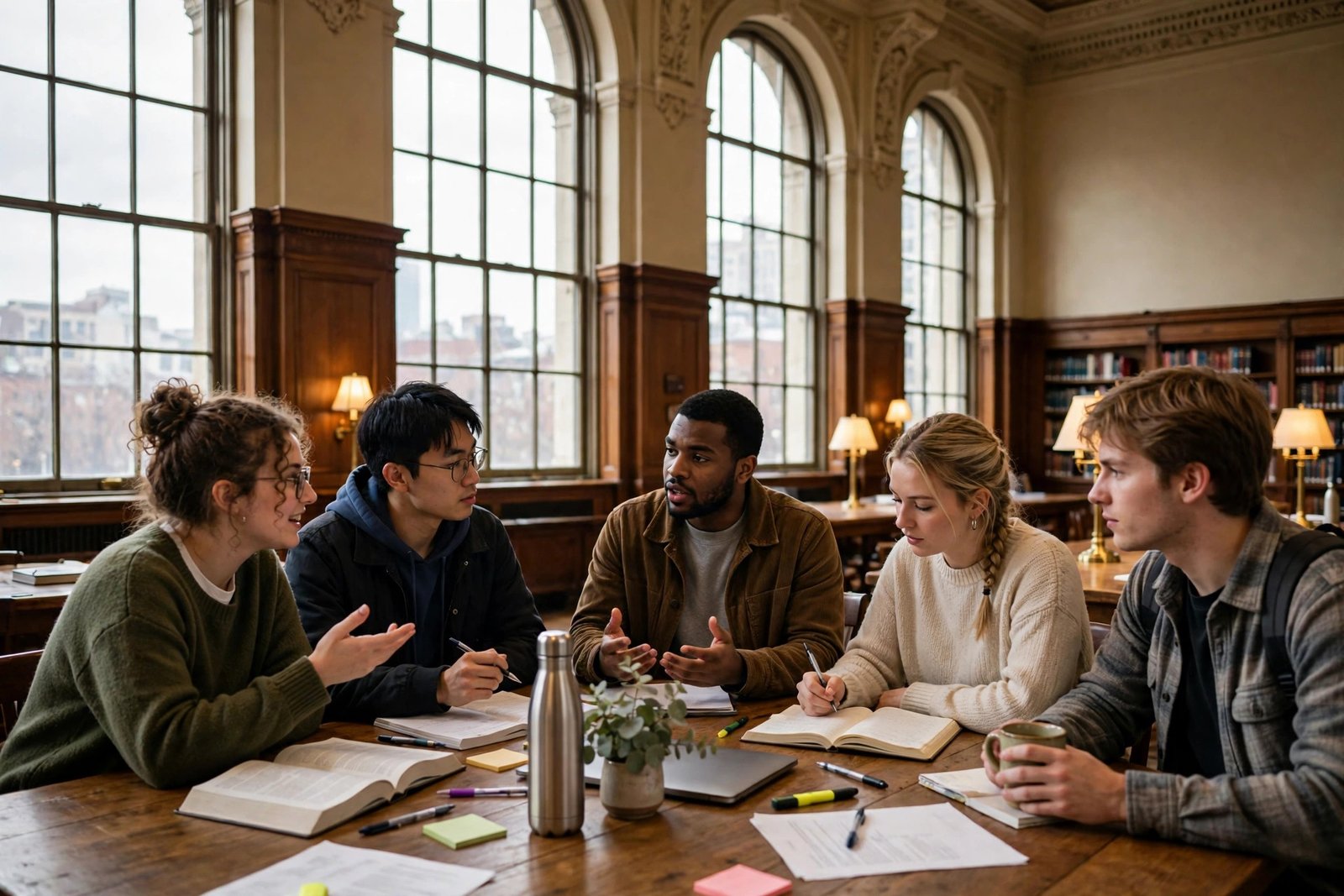 Students debating and studying together in a grand reading room in Chicago while preparing University of Chicago scholarship applications