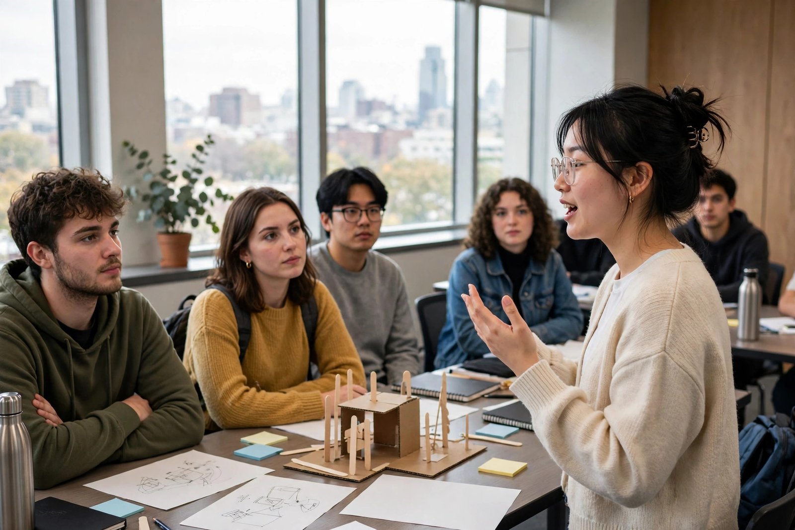 Student presenting a group project in a bright classroom in Philadelphia during a University of Pennsylvania scholarship application year