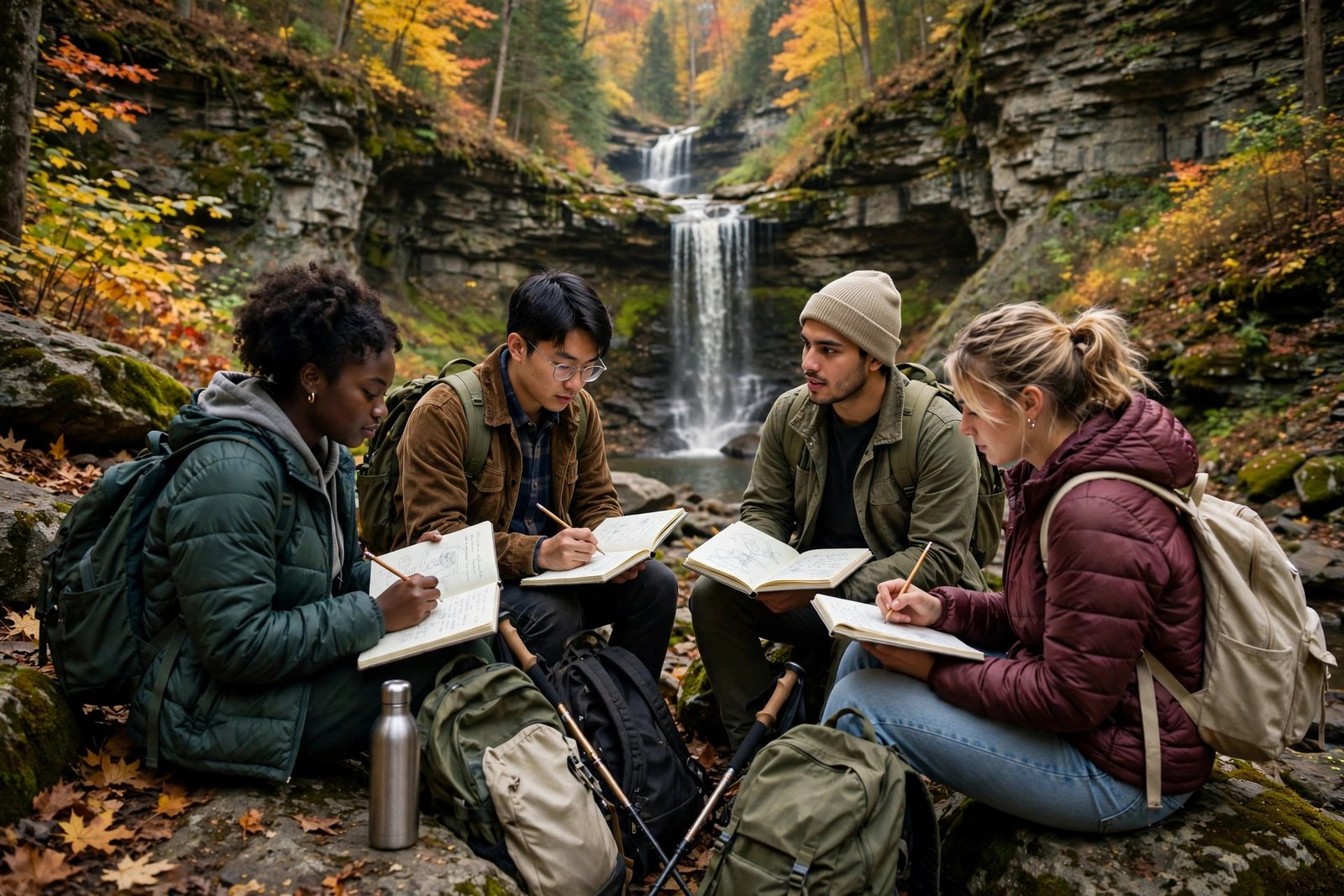 Students exploring a gorge and waterfall in Ithaca, New York while researching Cornell University scholarships for international students