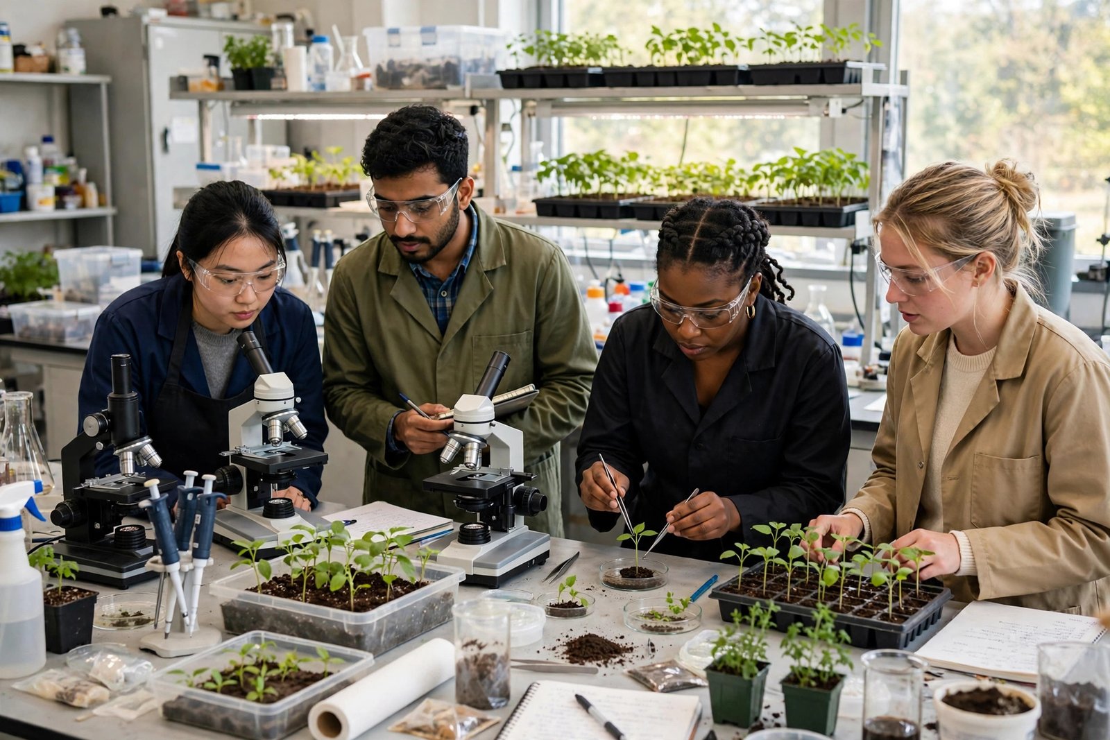 Graduate students working in a research laboratory in Ithaca, New York while exploring Cornell University fellowships and assistantships
