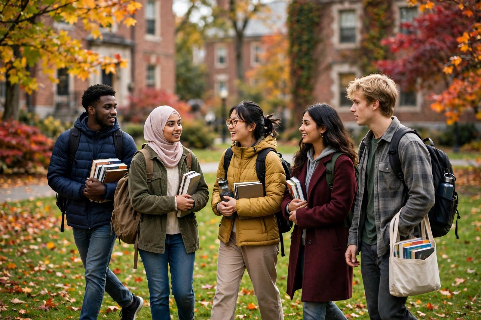 International students walking across a New England college green in autumn while researching Dartmouth College scholarships